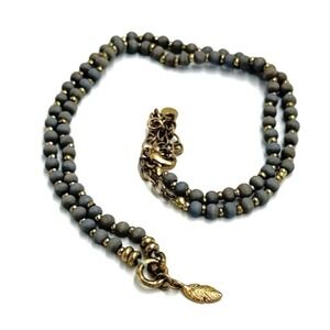 Gray‎ and Gold Beaded Necklace with Mini Leaf Pendant